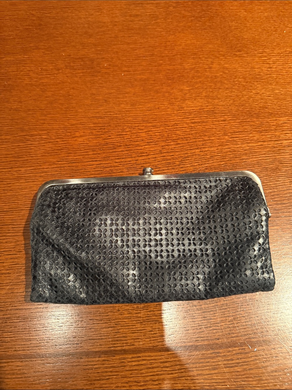 HOBO “Lauren” Black Leather Two Compartment Clutch with Metal Frame